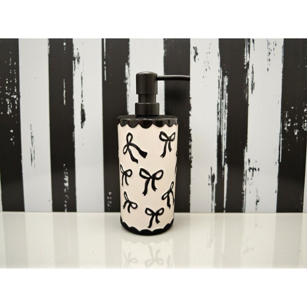 New Girly Soap Dispenser White & Black Bows Coquette Bathroon Vanity Decor